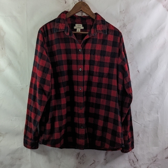 LL Bean Shirt Womens Large Red Black Buffalo Plaid Button Up Flannel Scotch - Picture 1 of 11